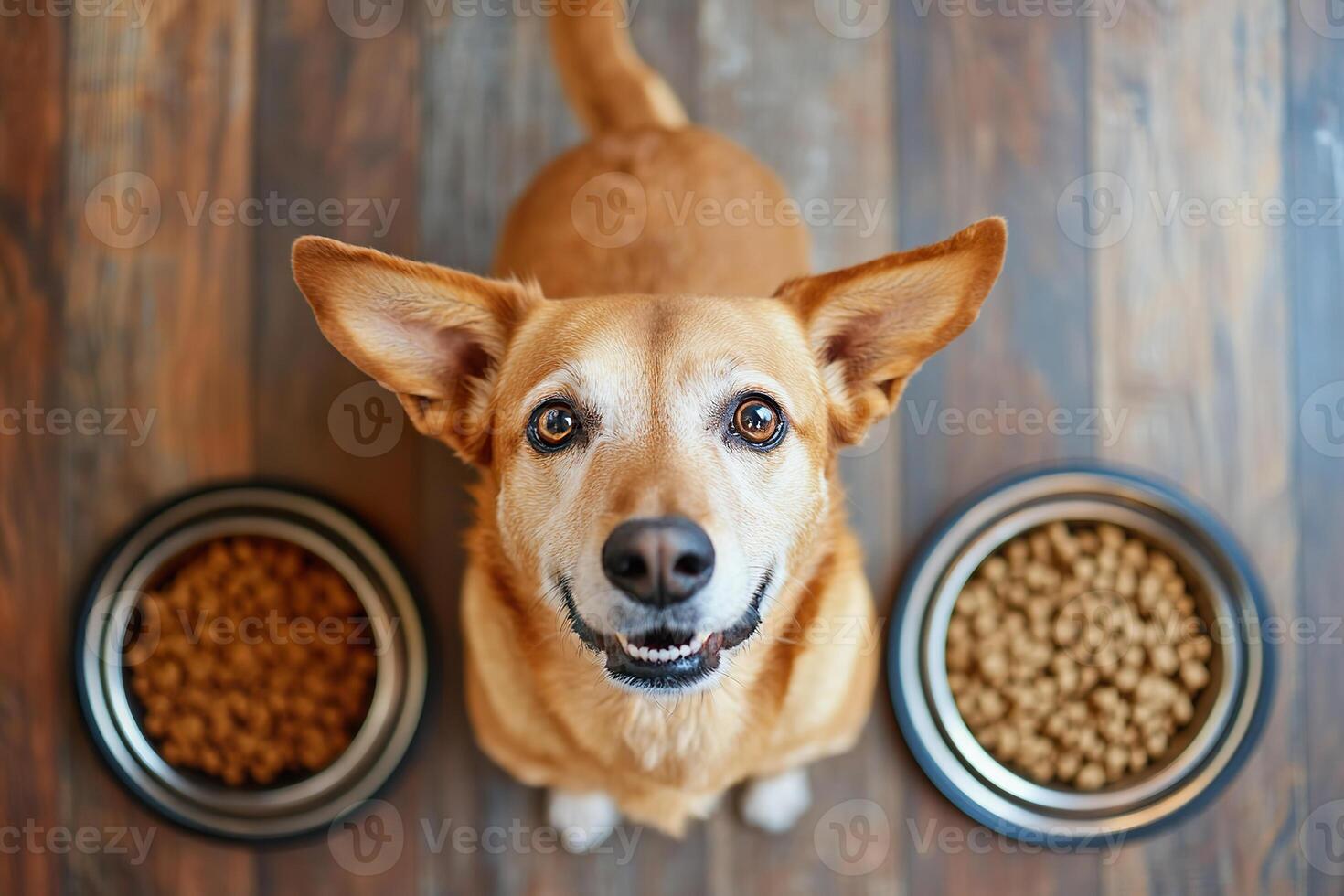 Happy dog looks up between two bowls of food on a wooden floor photo