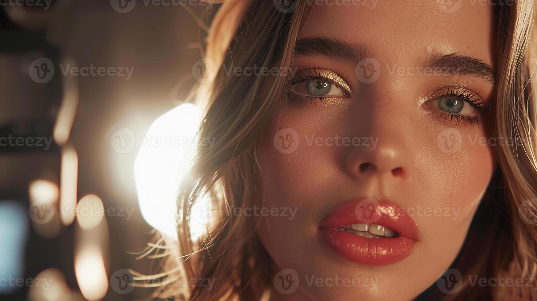 beauty blogger face with makeup in close up with bright lights in background. photo