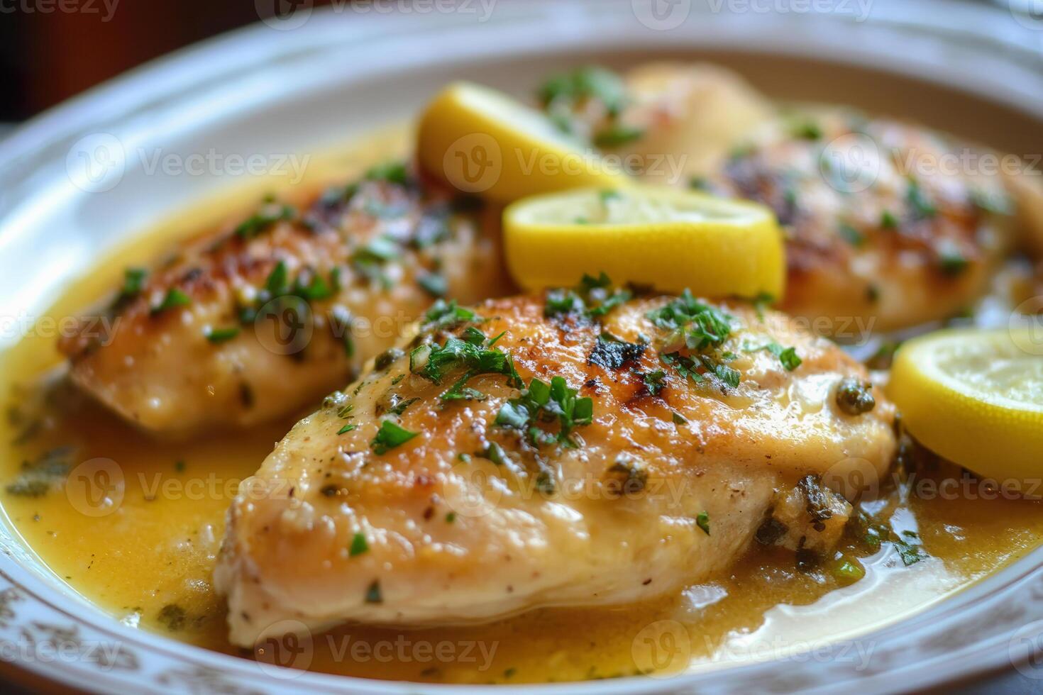 Savory chicken piccata garnished with fresh herbs and lemon photo