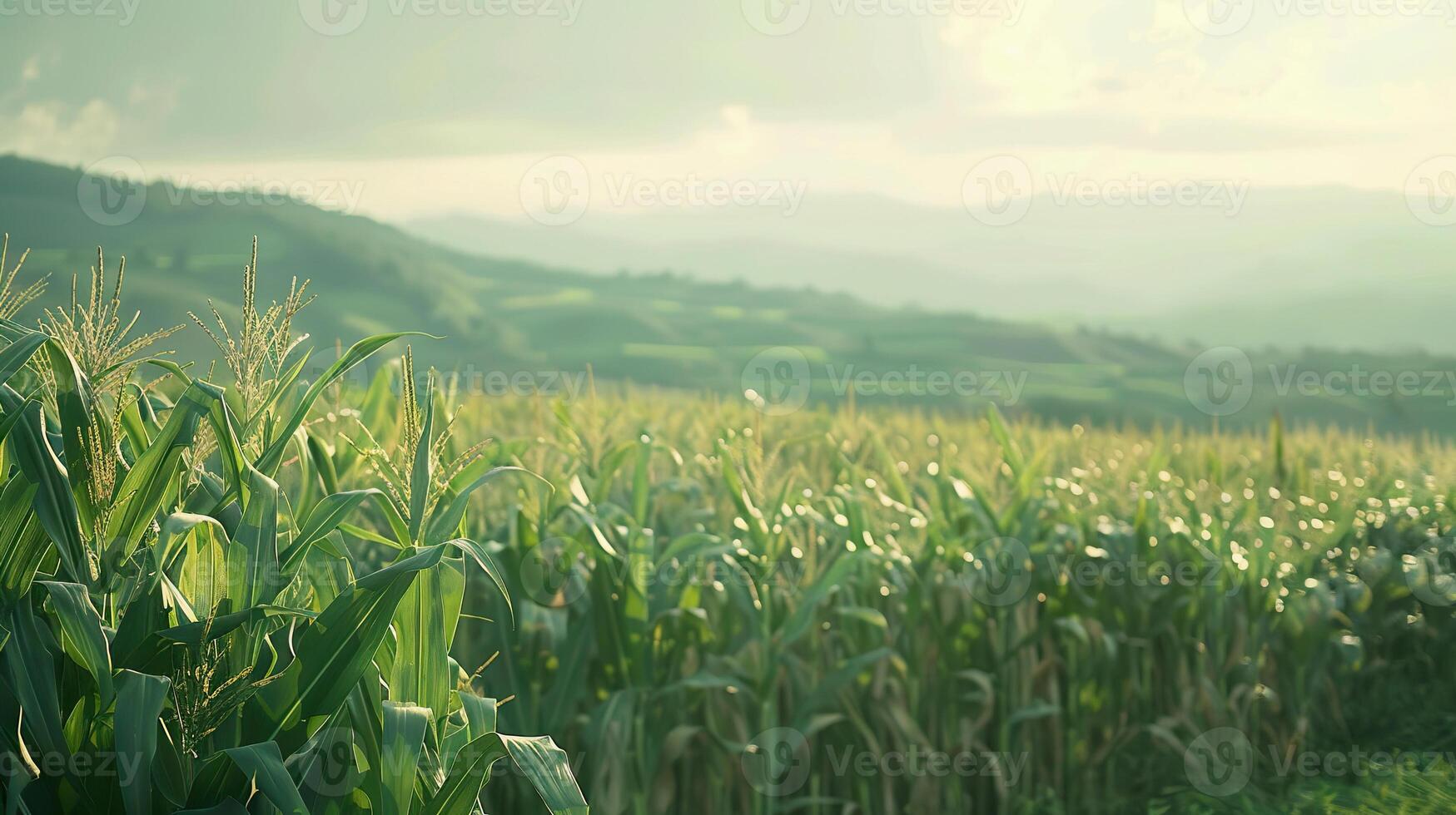 Lush green corn field under a cloudy sky with rolling hills in the background at dusk photo