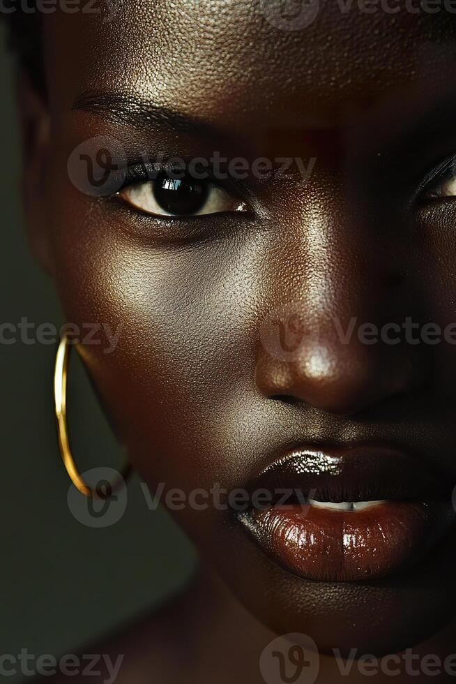 Black woman with hoop earring poses for a closeup, highlighting her beauty photo