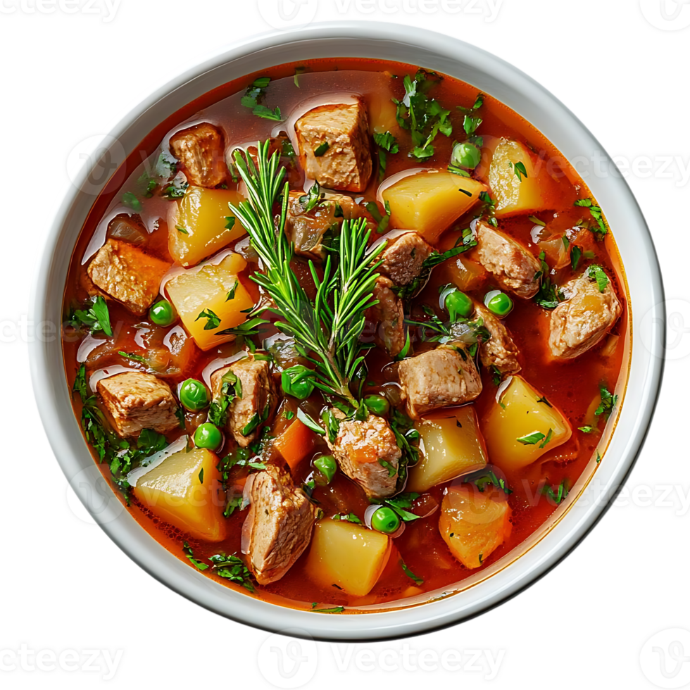 Hearty Beef Stew with Potatoes, Peas, and Carrots in a Rich Broth, Garnished with Rosemary, on a Transparent Background png