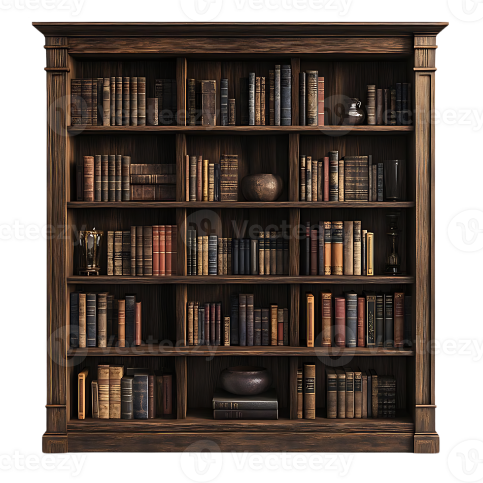 Wooden Bookcase Filled with Vintage Books and Antique Decor, a Symbol of Knowledge and History png