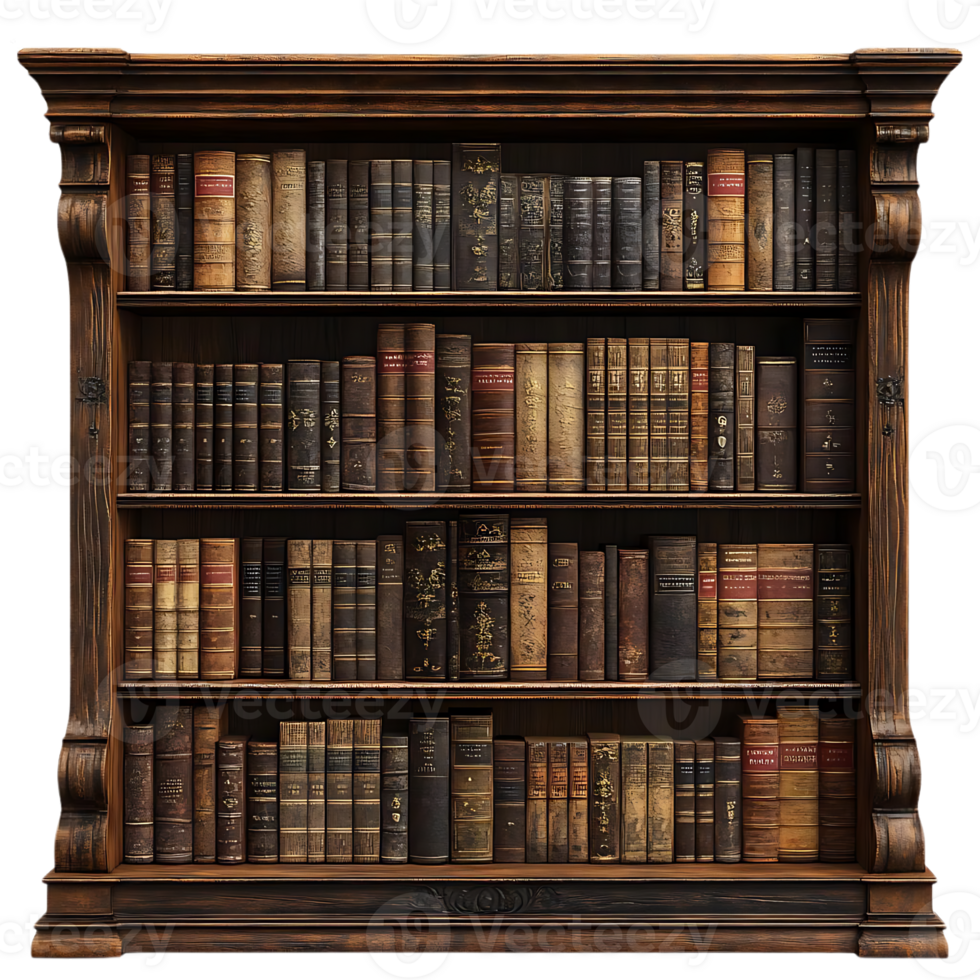 Vintage Bookshelf Filled with Antique Books, Featuring a Transparent Background png