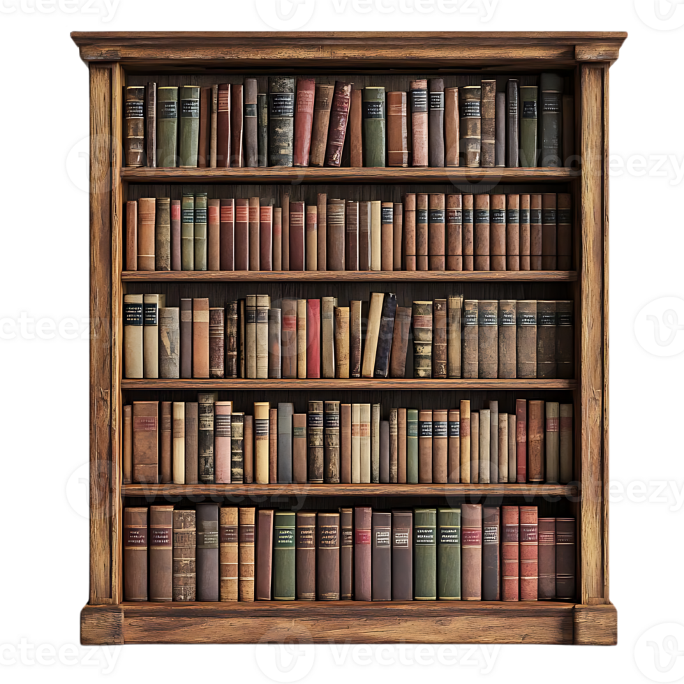 Classic Bookshelf Filled with Vintage Literature in a Library Setting with Transparent Background png