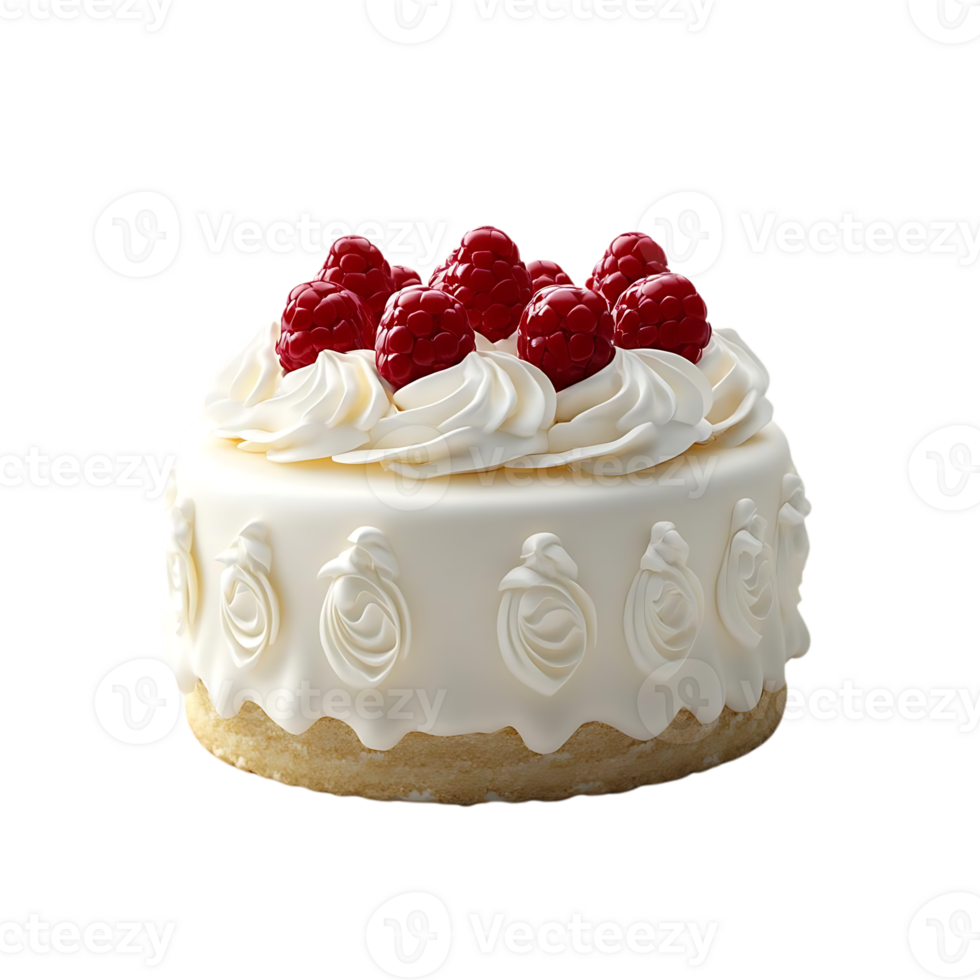 White Cake Topped with Whipped Cream and Raspberries, Transparent Background png