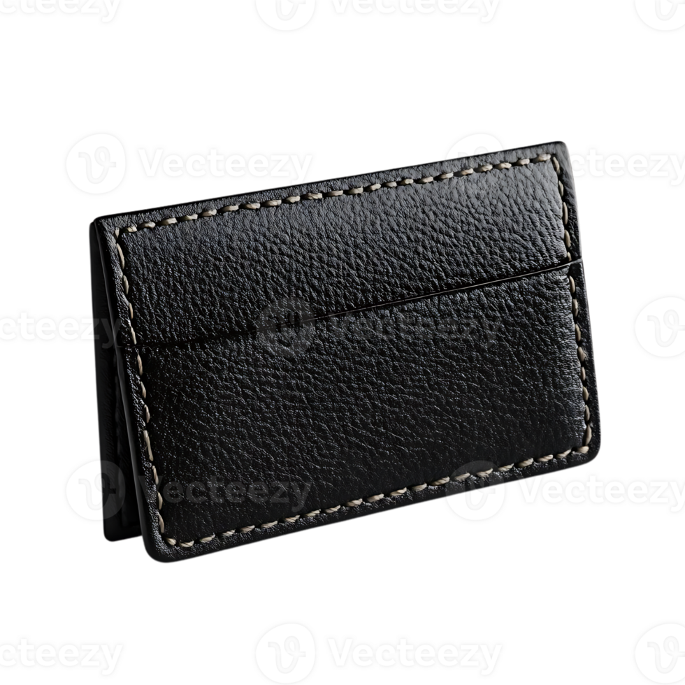 Black Leather Card Holder with Stitched Edge and Transparent Background png