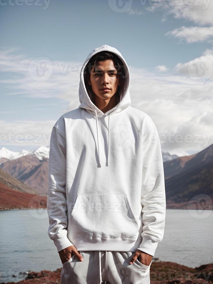 A man in a white hoodie standing in front of a lake photo