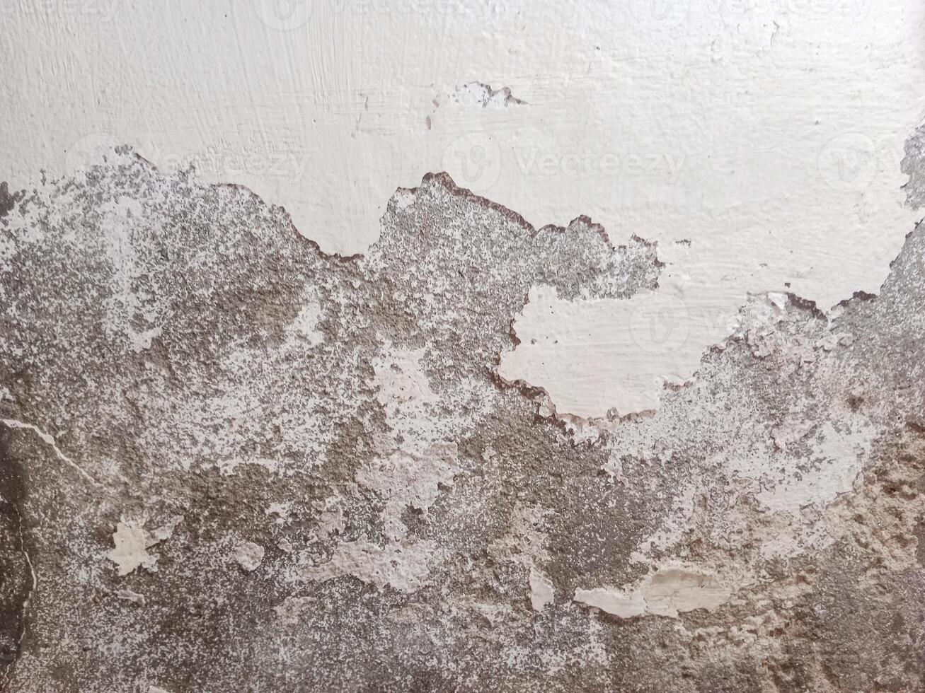 Weathered Wall Texture with Peeling Paint revealing the underlying concrete or plaster. The surface is uneven and shows signs of wear and tear, with cracks, chips, and exposed patches photo