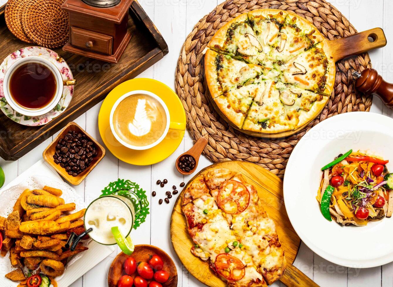Diverse menu Basil Pesto mushroom Pizza, Tomato, Corn, and Mushroom Pizza, Colorful Vegetable tomato Pasta Salad, Crispy Fried Food Platter, Latte Art, ice honey lemon tea, Hand brewed Coffee photo