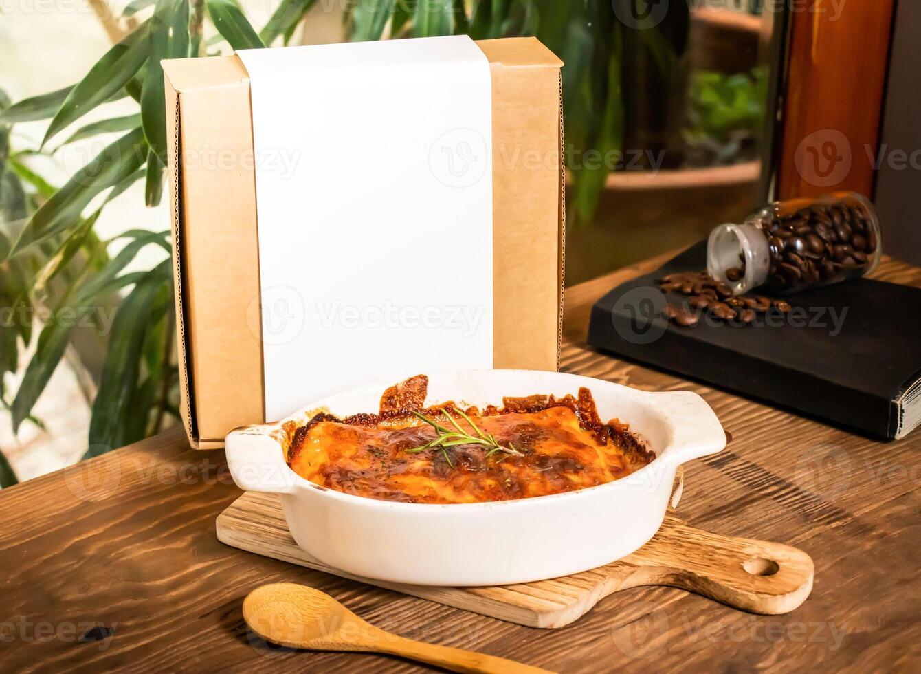Lasagna Frozen Preparation Kit with fork served in dish isolated on table side view of taiwan baked food photo