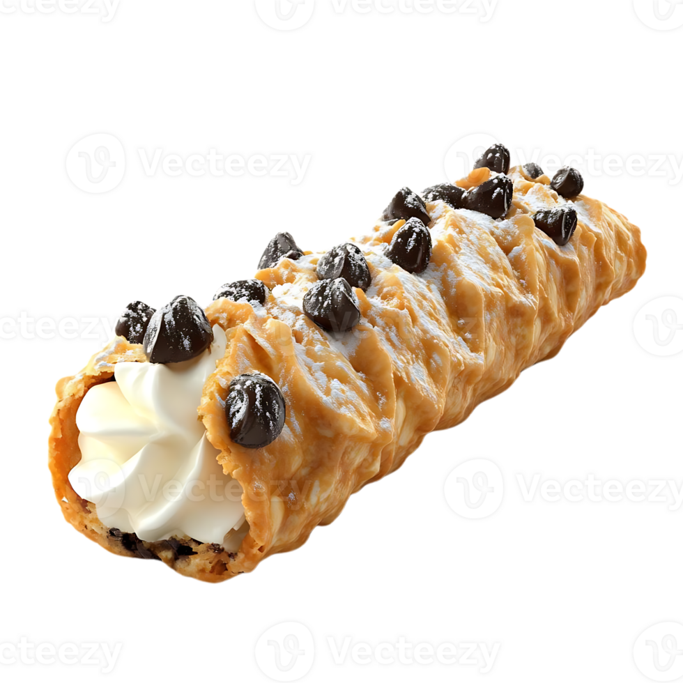 Delicious Chocolate Chip Cannoli with Whipped Cream and Powdered Sugar on a Transparent Background png