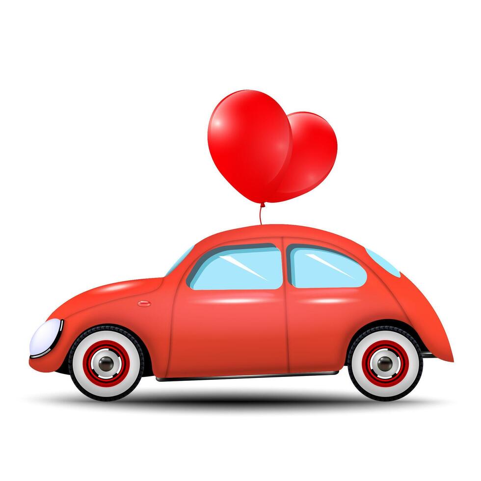 A red wedding car with balloons standing out against a white background. vector