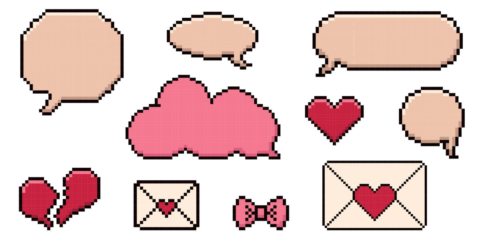 Set of pixel art dialogue box, heart, star, cloud. Speech bubbles in the mood of 90s aesthetics. 8-bit retro style illustration. vector