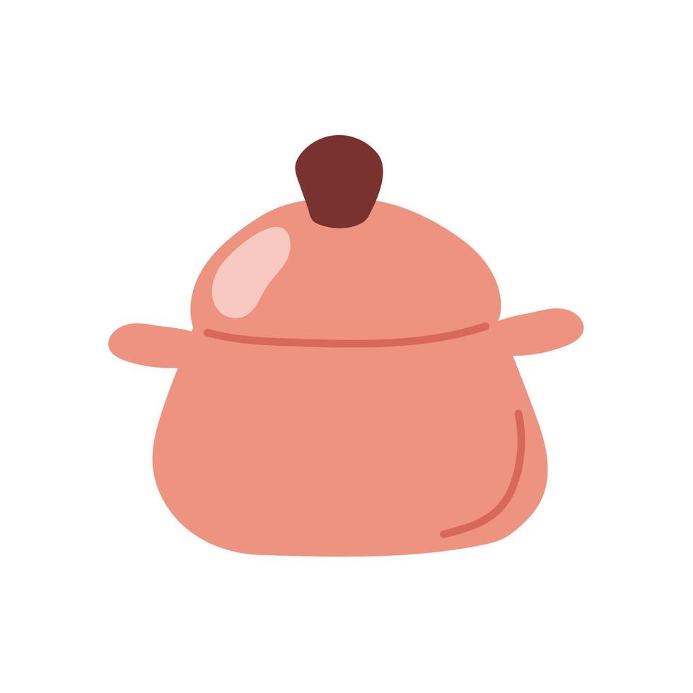 Simple pink cooking pot with a lid and a brown knob in flat style. Minimalistic design for kitchen, cooking and home theme or culinary graphics. illustration isolated on a white background. vector