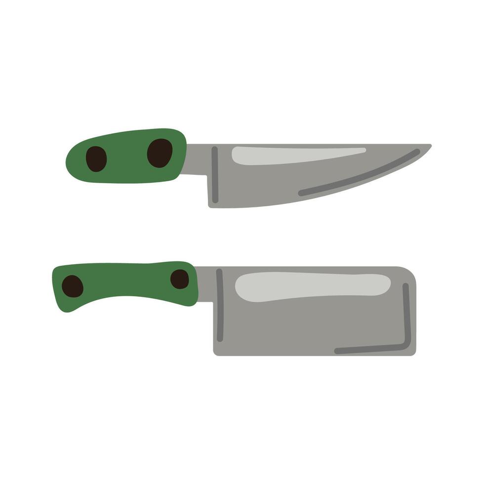 Kitchen knives featuring a chef knife and with green handles. Simple, clean design perfect for culinary themes, kitchenware, and food preparation visuals. illustration isolated on a white. vector