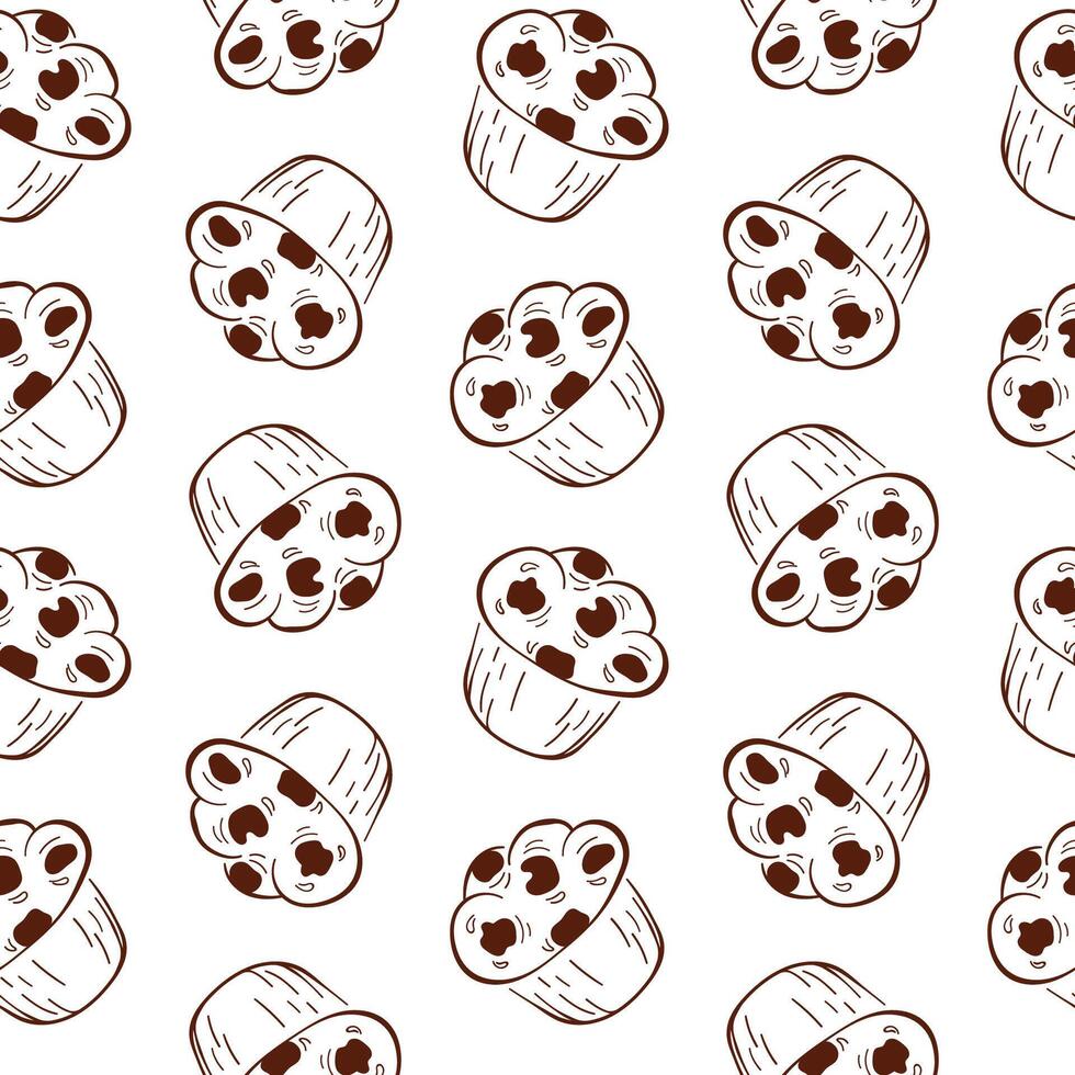 Seamless pattern featuring muffins with chocolate chips in a minimalist line art style. Ideal for bakery branding, packaging, or food themed design. illustration on a white background. vector