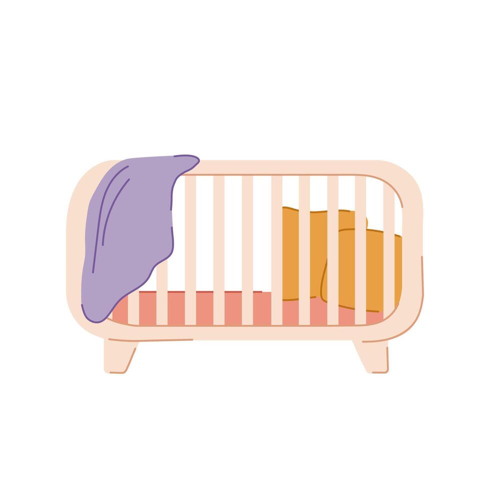 Baby cot for a girl in a flat style. Wooden crib for infant for childrens bedroom design, kids, baby shower, nursery decoration. illustration isolated on a white background. vector