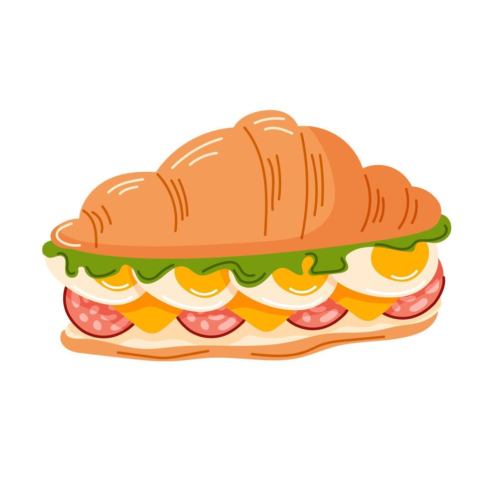 Vibrant illustration of a croissant sandwich filled with lettuce, eggs, cheese, and salami in cartoon style. Bakery for breakfast, brunch, or a quick snack. illustration on a white background. vector