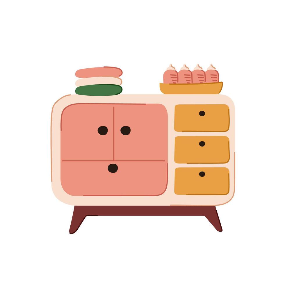 Chest of drawers for nursery in flat style. Stack of clothes and a set of feeding bottles for baby. illustration isolated on a white background. vector