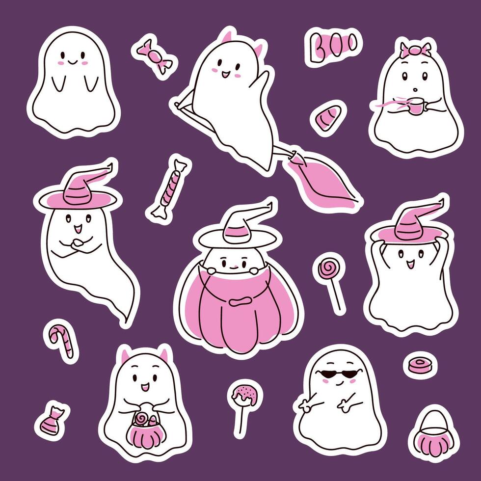 Halloween pink ghost set in line art style. Happy halloween spooky characters sticker, funny and scary creature with pumpkin. illustration isolated on a white background. vector