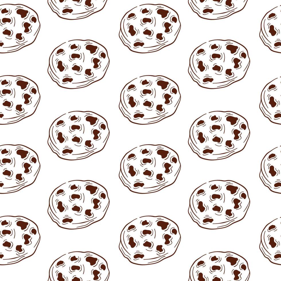 Seamless pattern with chocolate chip cookies in line art style. Perfect for bakery packaging and decorative design. illustration isolated on a white background. vector