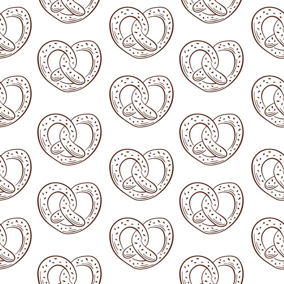 Pretzel seamless pattern in line art style. A bakery menu design product in the shape of a brezel. illustration on a white background. vector