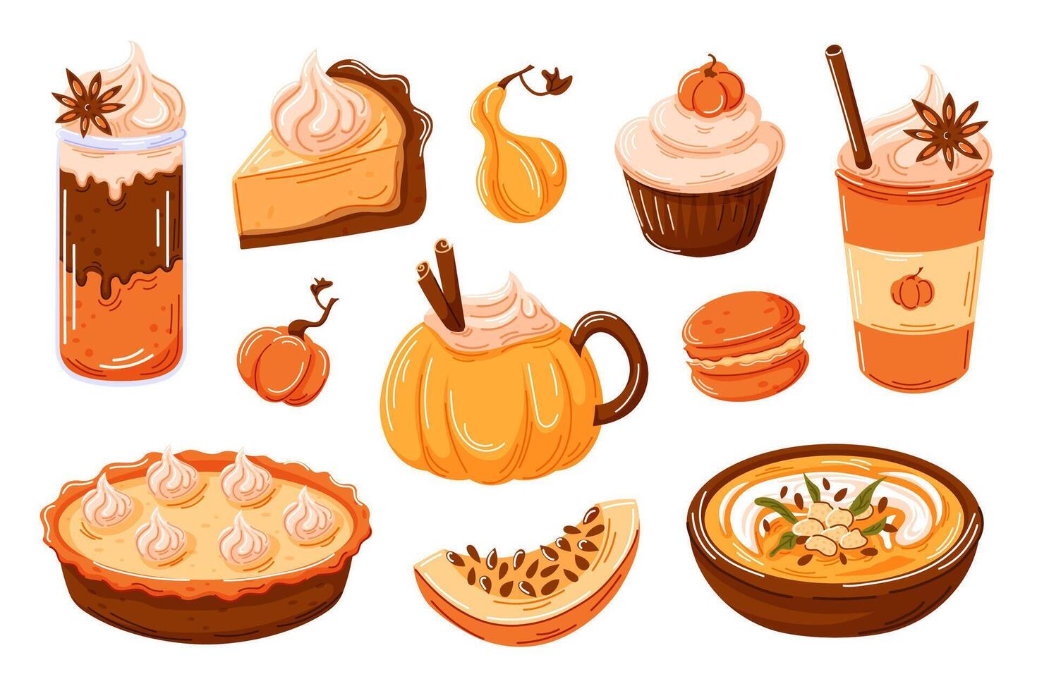 Various pumpkin desserts and drinks set pie, cupcakes, latte, macaroon, soup. Perfect for autumn or Halloween design with warm orange tones. Cartoon style. illustration isolated on a white. vector
