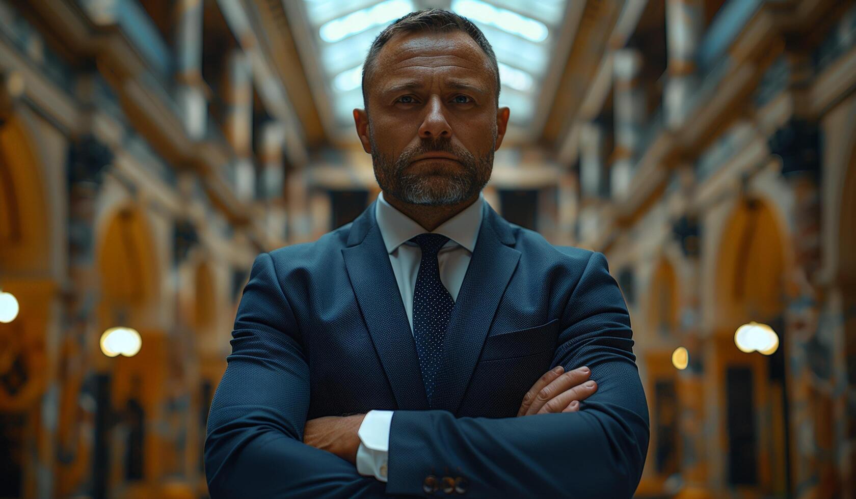 Confident businessman in a suit standing in a modern office hallway. leadership, success, and power. photo