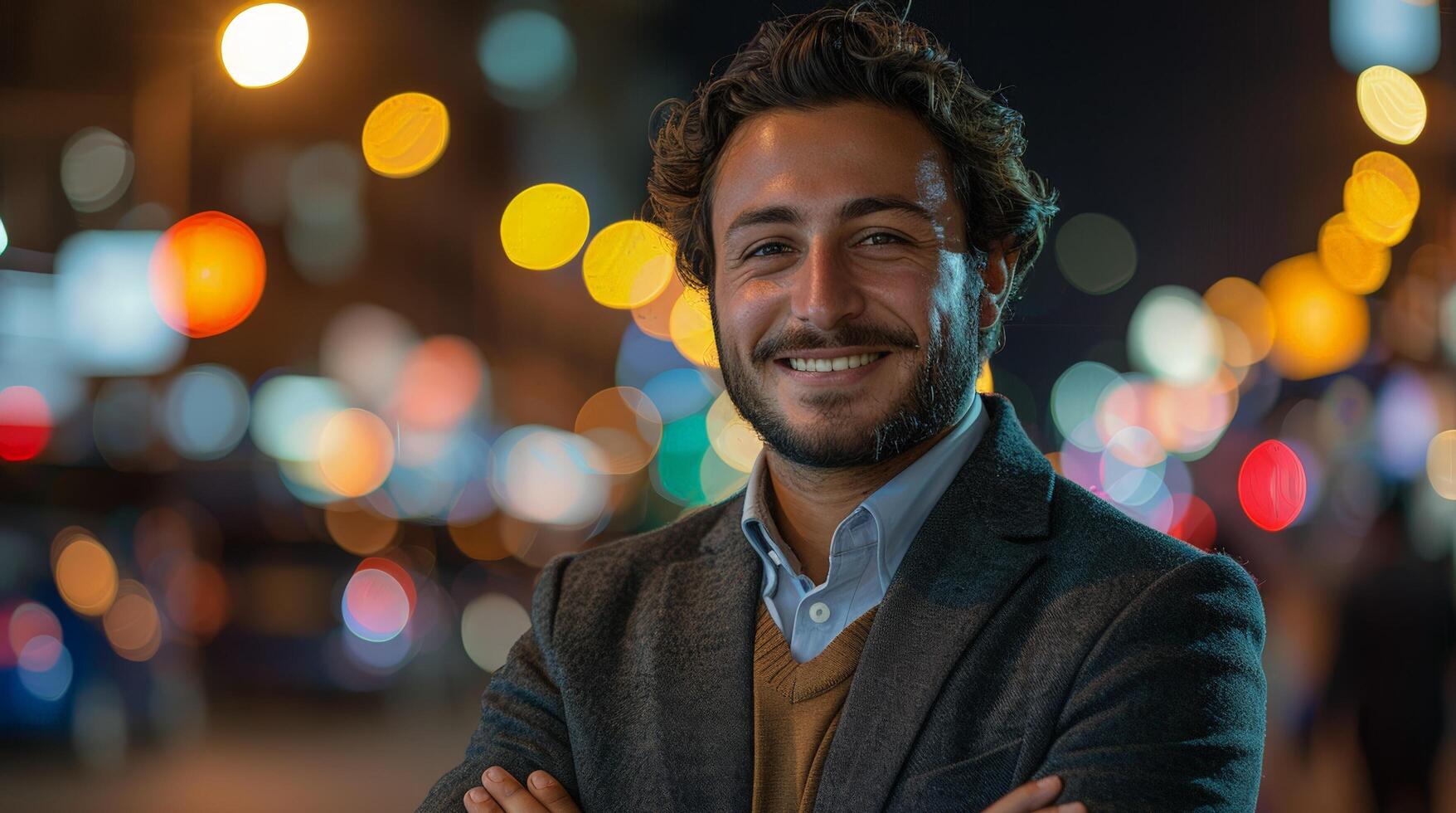 Smiling businessman at night with city lights bokeh in the background photo