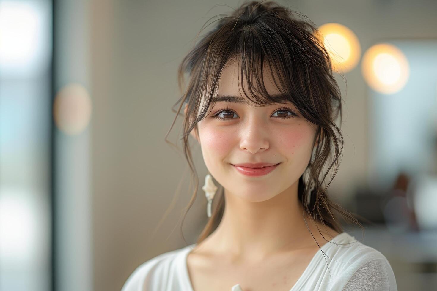 Young woman with bangs and a white shirt smiling, looking at camera, portrait photo