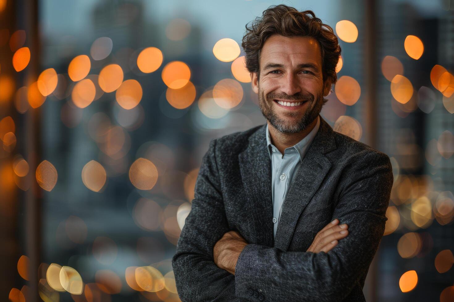 Confident smiling businessman portrait with cityscape bokeh lights in the background photo