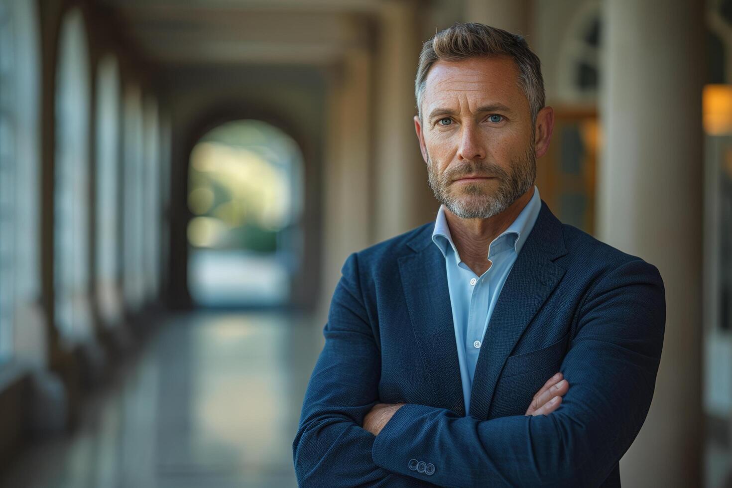 Confident businessman with arms crossed standing in hallway. portrait for marketing profile. photo