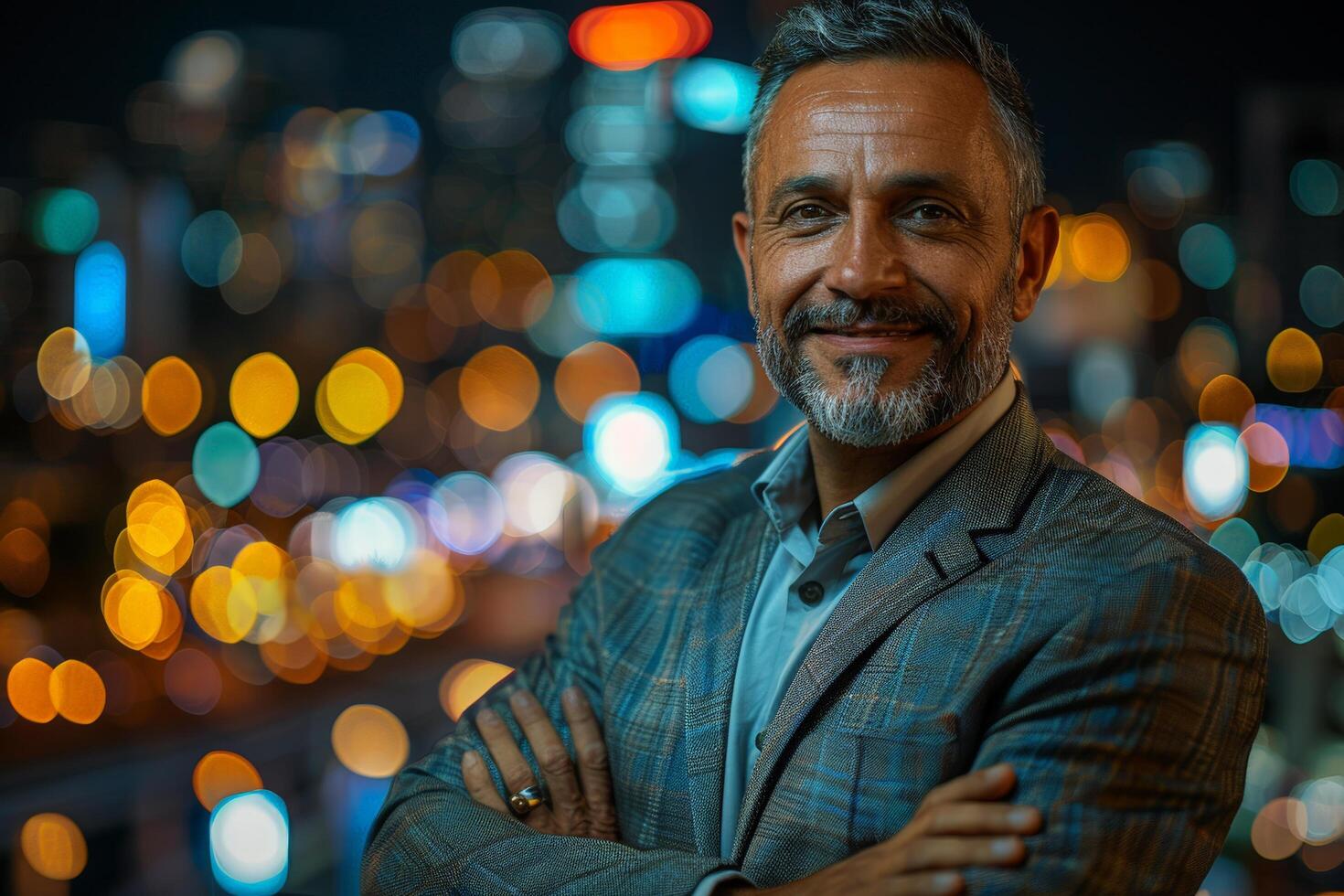 Confident businessman with arms crossed looking at camera with city lights bokeh background photo