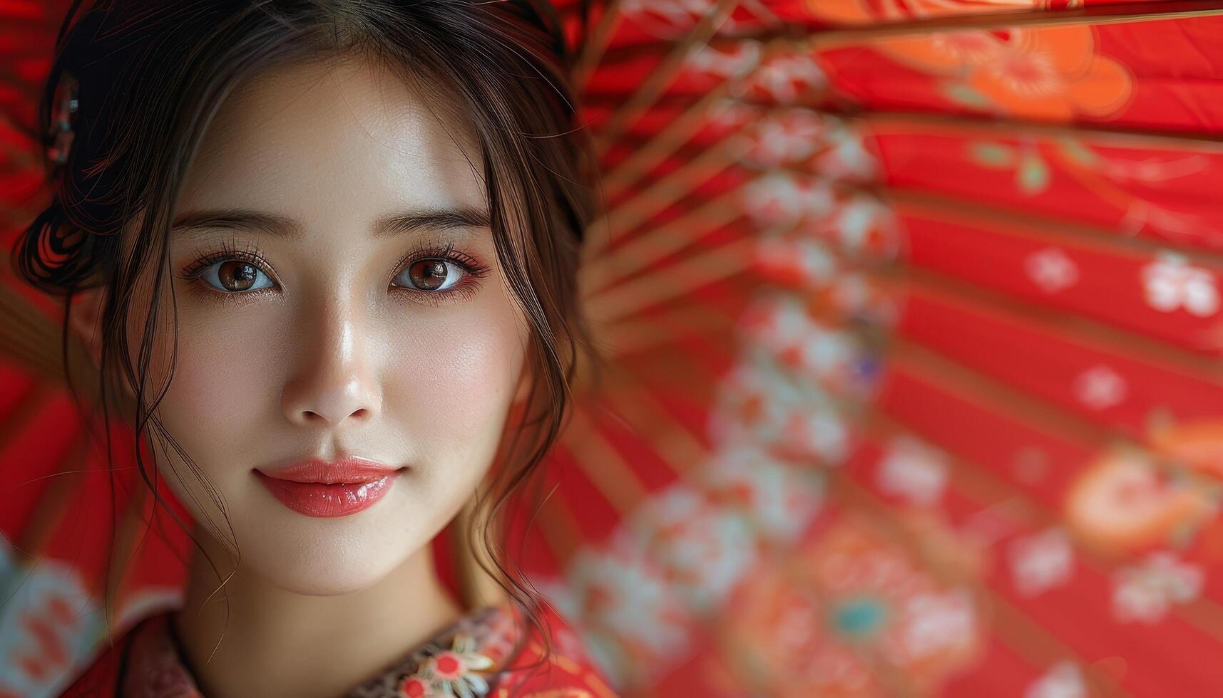 Portrait of a beautiful young Asian woman in traditional Japanese kimono with a red umbrella photo