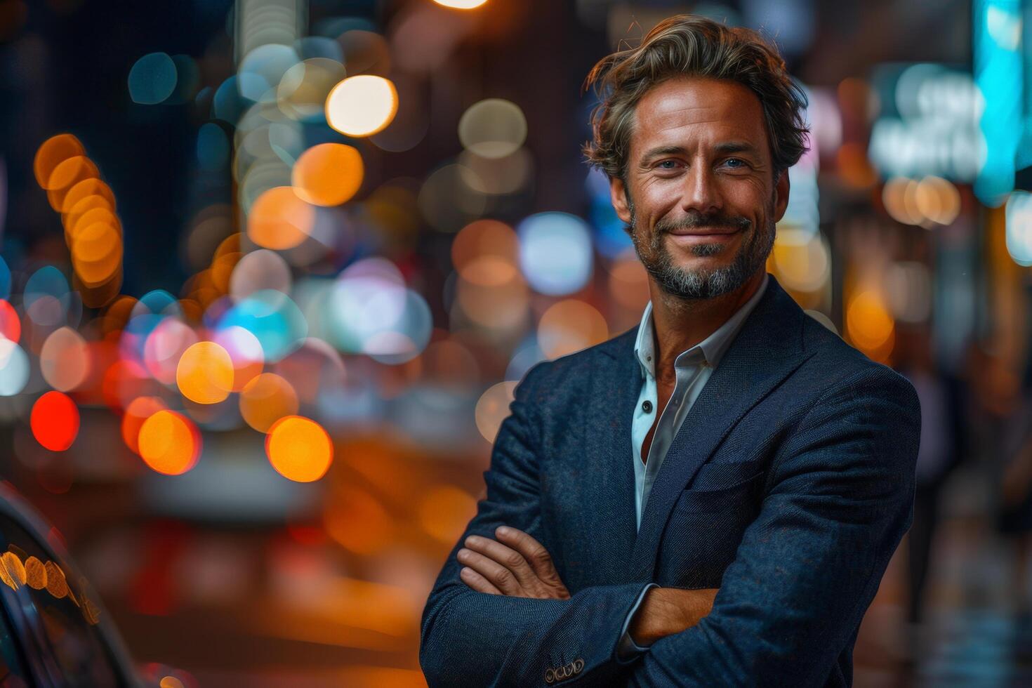 Smiling Businessman in a suit standing in a city at night with blurred lights. photo