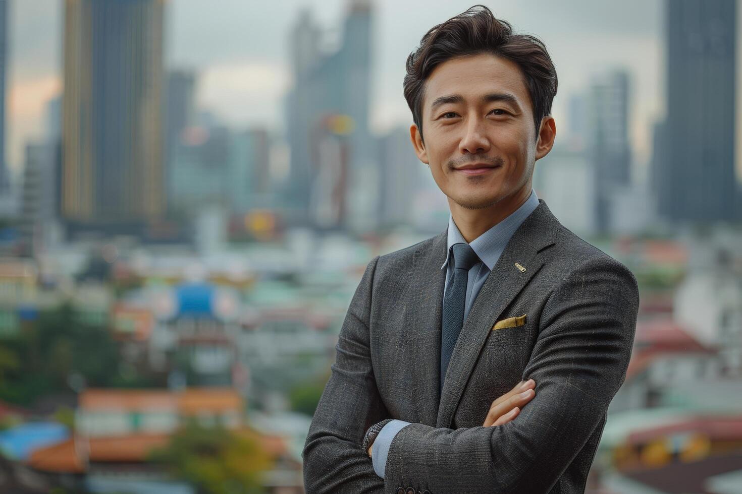 Smiling businessman in suit portrait against city skyline background photo