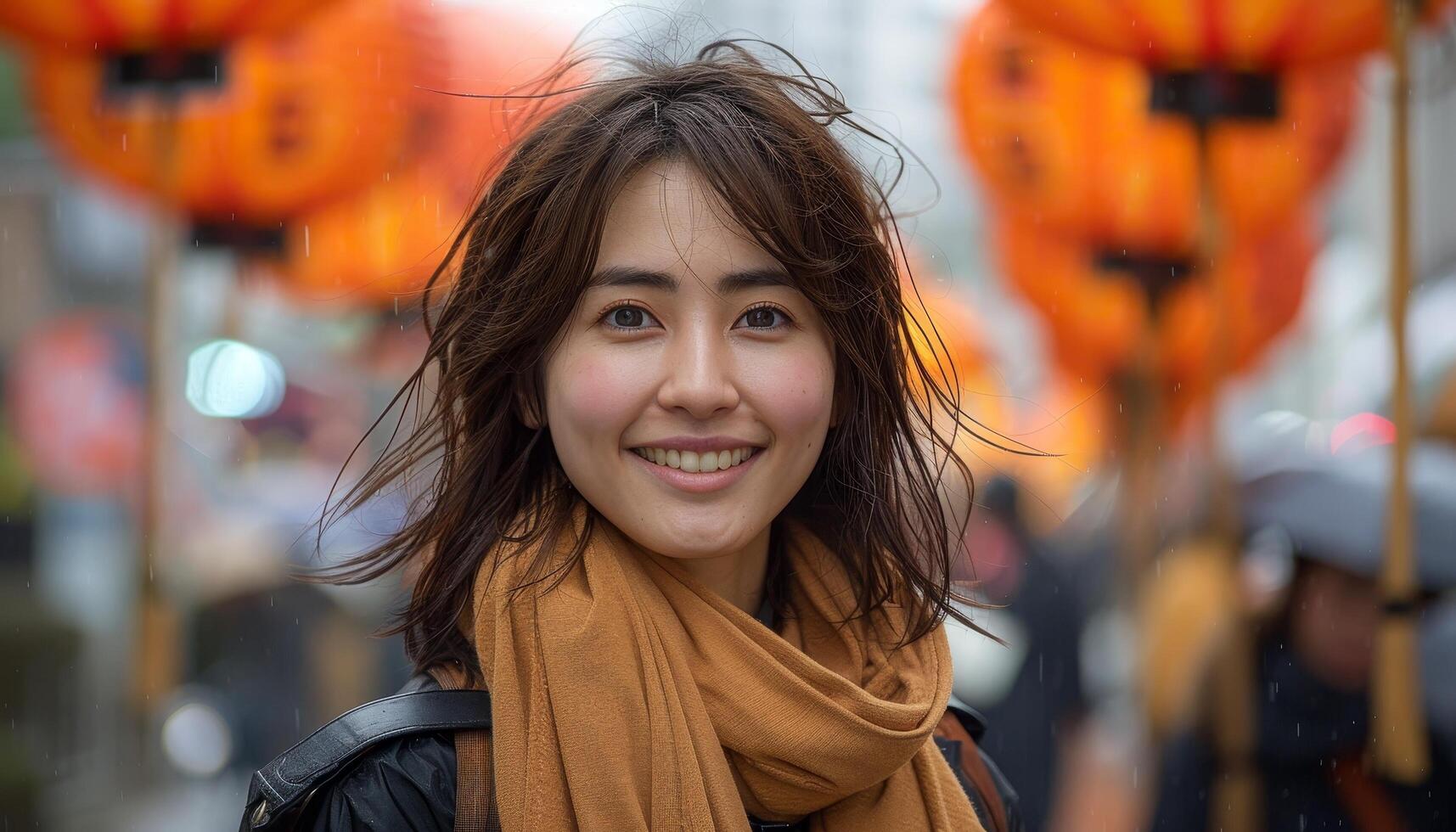 Happy Asian woman wearing a scarf smiling in front of a blurry background of orange lanterns photo