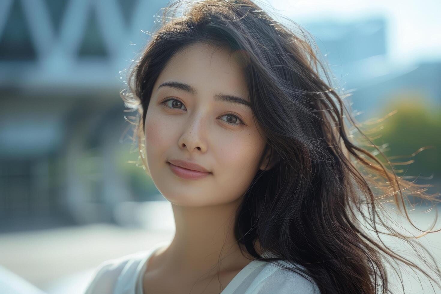 Close up portrait of a beautiful Asian woman with long black hair blowing in the wind. photo