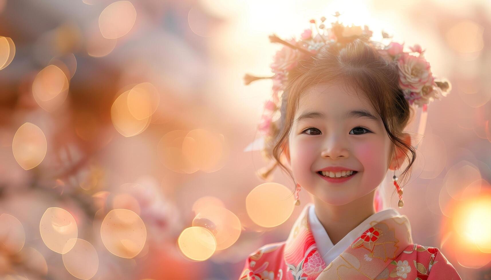 Adorable young girl in traditional Japanese kimono with flower decoration, smiling happily, bokeh background photo