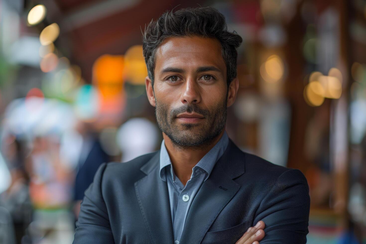 Portrait of a confident businessman in a suit standing on a city street with a blurred background photo