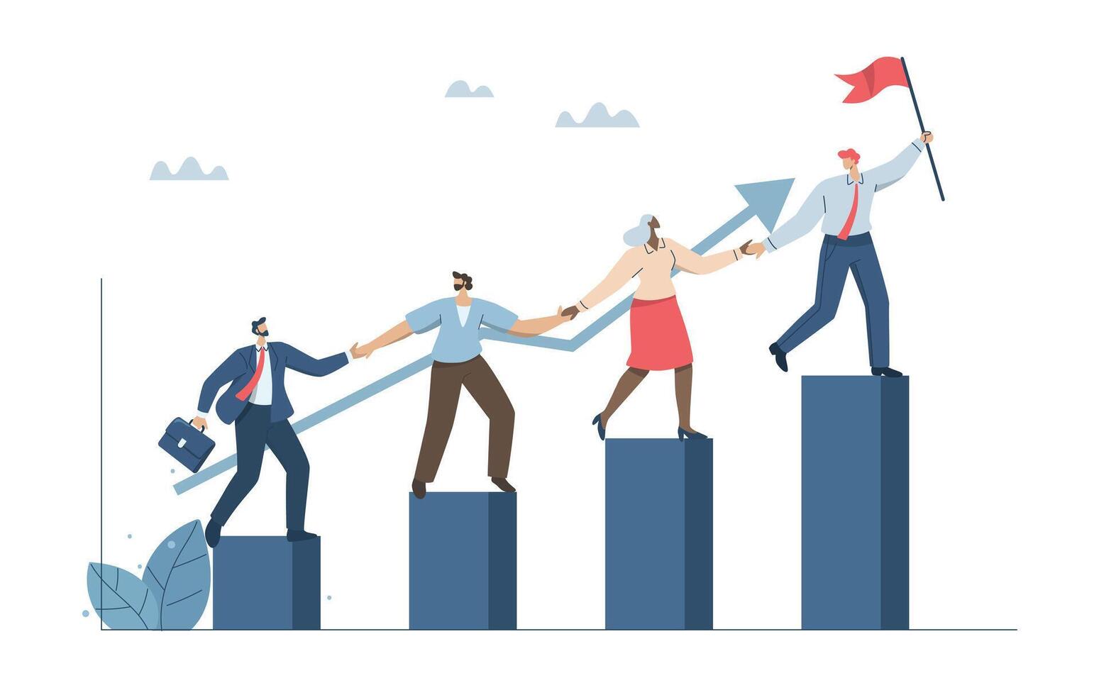 Team growth, Teamwork towards shared success, Partner or colleague support, Business cooperation concept, Leaders with flags join hands with team and climb the growth graph. design. vector
