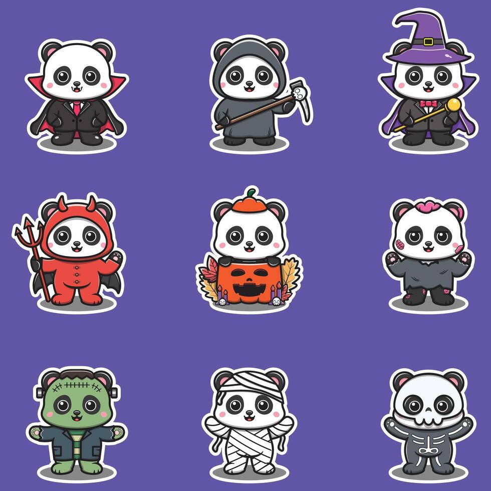 Illustration elements of group of Panda in halloween costumes. Halloween funny Panda . Stickers, illustration, banner, elements set vector