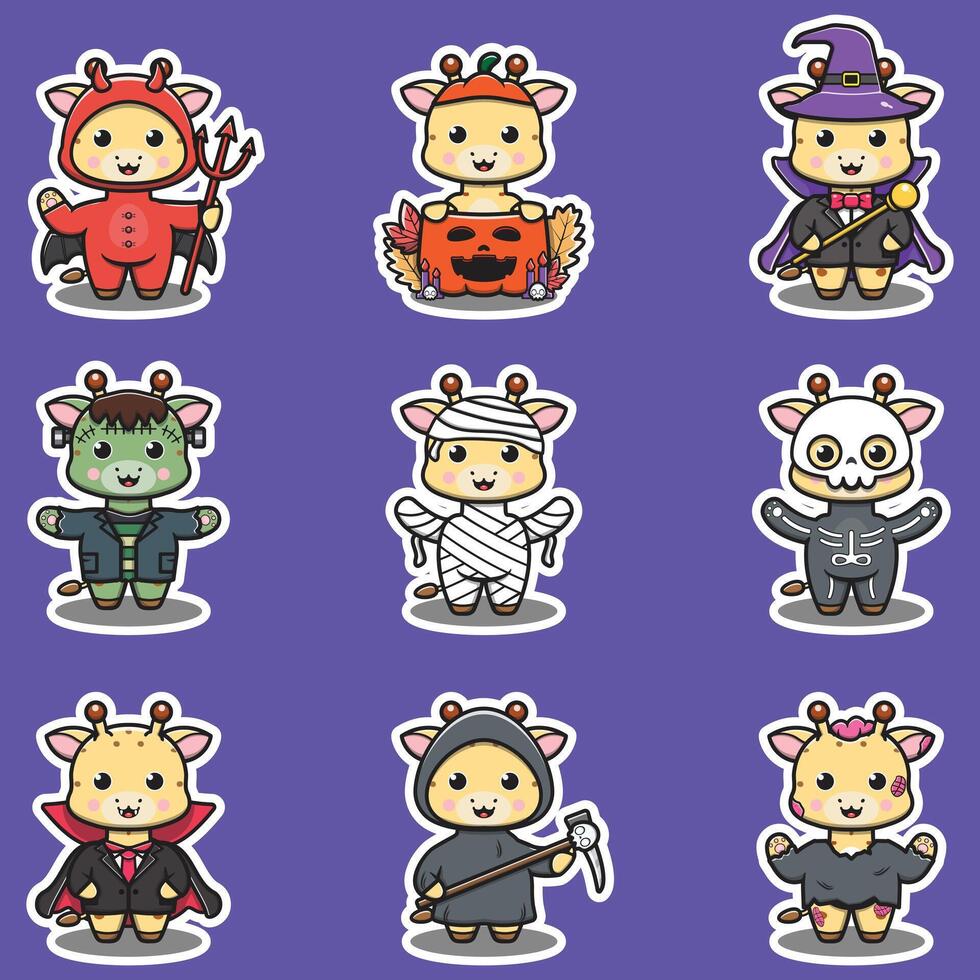 Illustration elements of group of Giraffe in halloween costumes. Halloween funny Giraffe . Stickers, illustration, banner, elements set vector