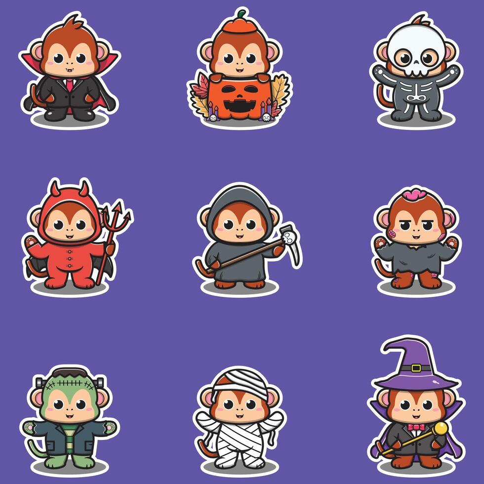 Illustration elements of group of Monkey in halloween costumes. Halloween funny Monkey . Stickers, illustration, banner, elements set vector