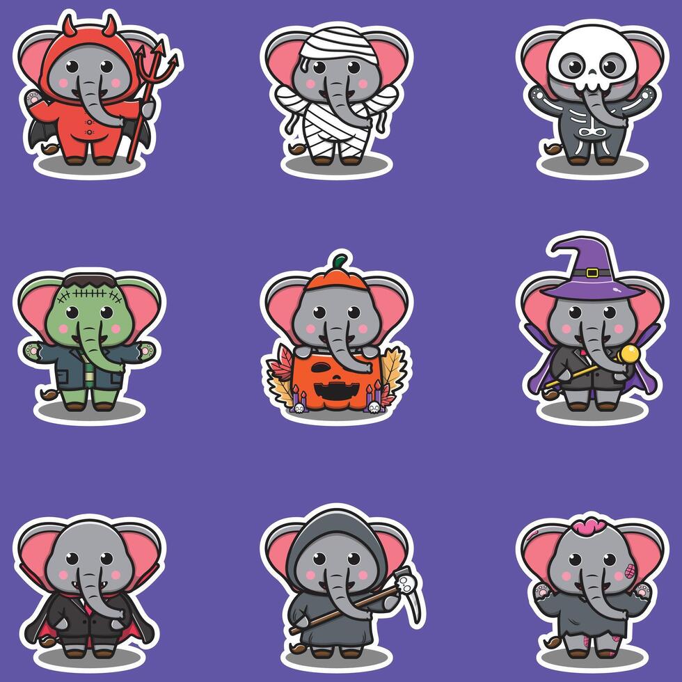 Illustration elements of group of Elephant in halloween costumes. Halloween funny Elephant . Stickers, illustration, banner, elements set vector