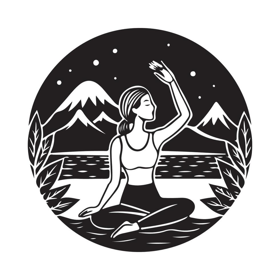 Serene Night Yoga by the Lake. Elegant Lady Practicing Under the Starry Sky . vector