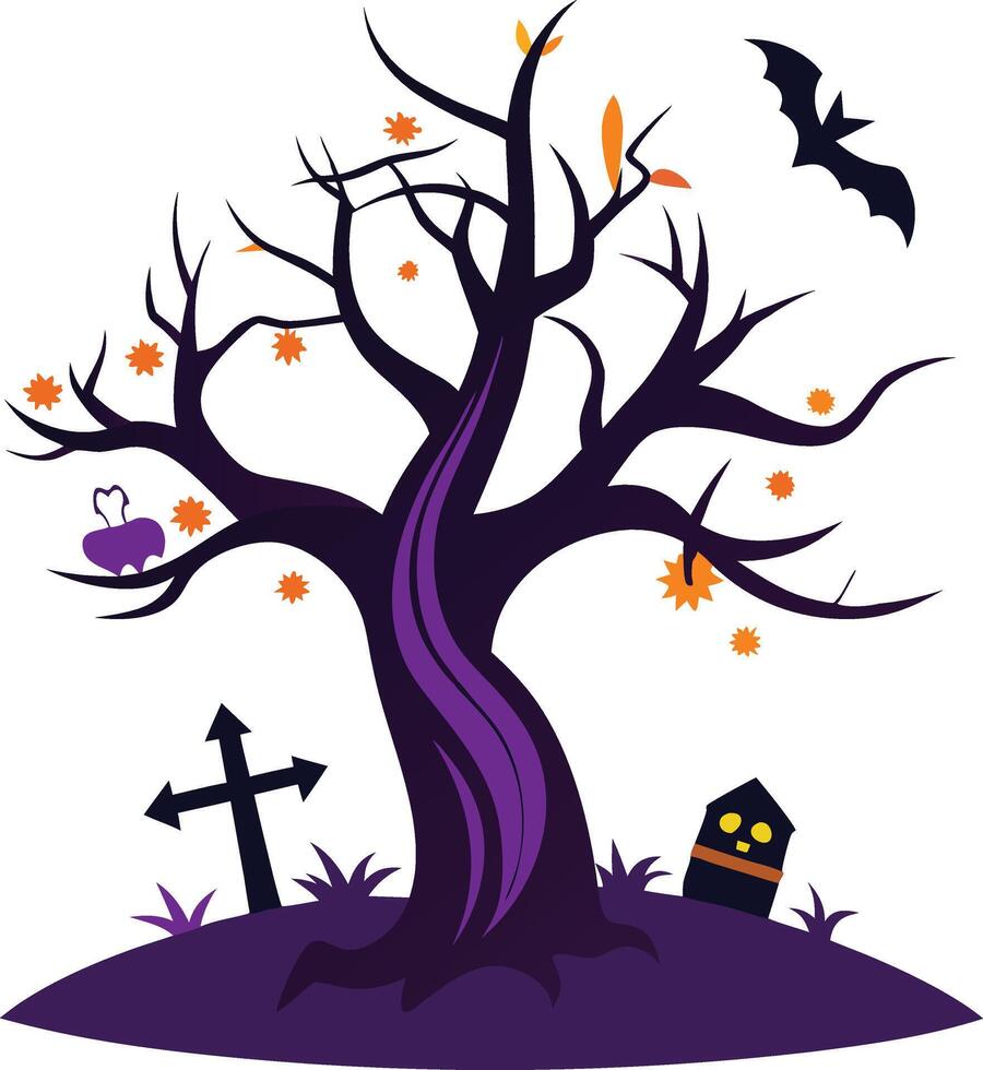 Illustration of Halloween tree in graveyard with bat vector