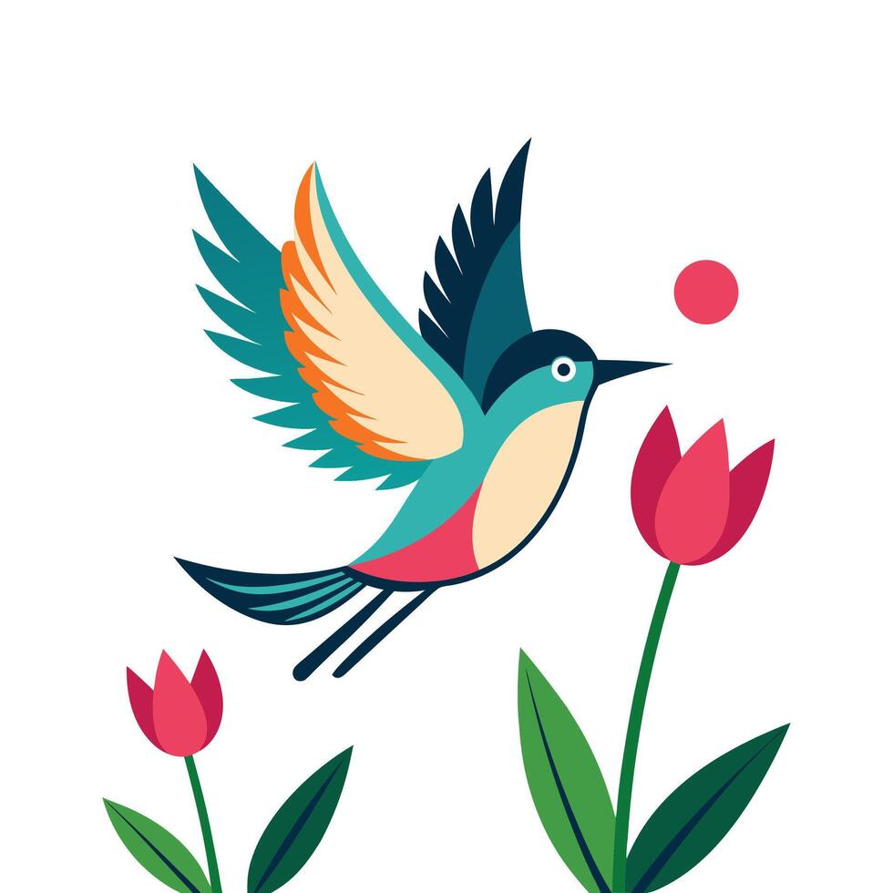 a colorful bird flying over flowers and a red dot vector