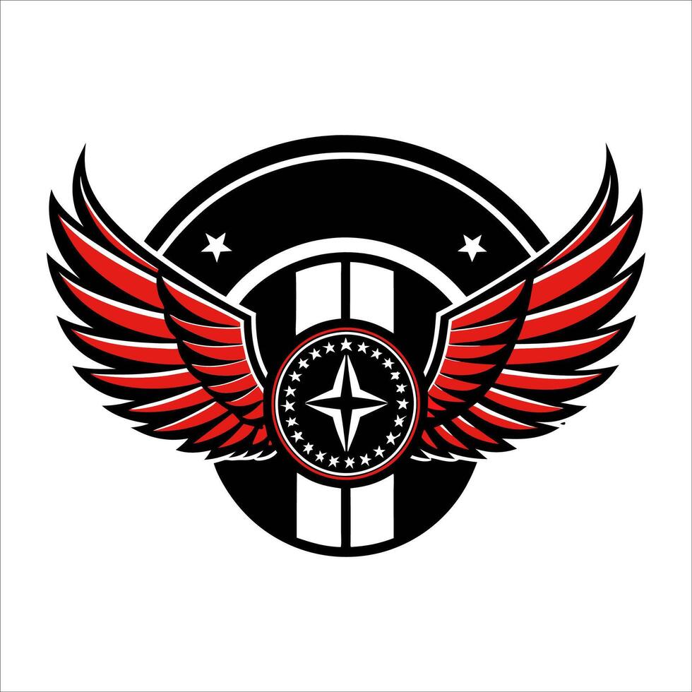 a red and black winged emblem with stars vector